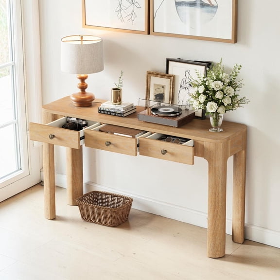 GZXS Mid-Century Console Table in Light Oak, 63-Inch Retro Accent Hallway Table with Rounded Edges and 3 Drawers for Entryway, Foyer, or Living Room