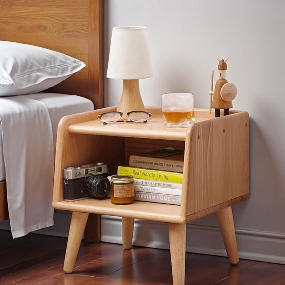 GZXS Mid-Century Modern Beechwood Nightstand with 2 Tiers Design, Rounded Corner Bedside Table with Open Storage for Bedroom or Small Spaces, Natural