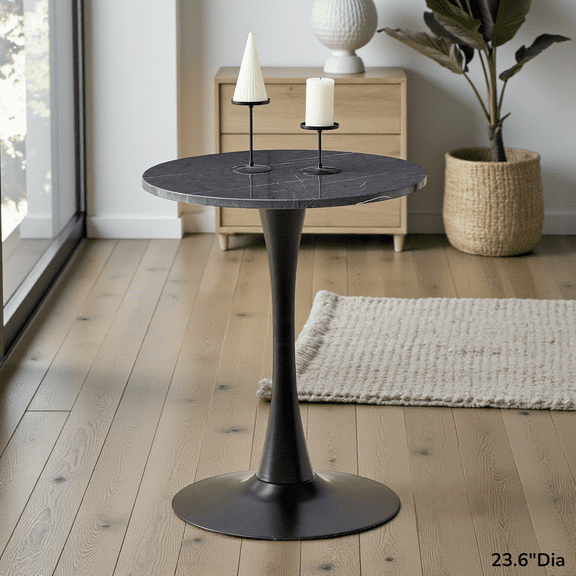 GZXS Mid-Century Modern Tulip Table, Gray Marbling Round MDF Dining Table with Black Metal Pedestal Base, Versatile Table for Dining Room, Living Room & Office, 23.6"Dia x 28.3"H