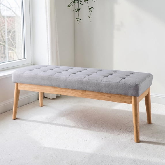 GZXS Mid-Century Modern Upholstered Bench, 43.5" Button-Tufted Seat with Solid Birch Legs, for Living Room, Entryway, Windows or End of Bed (Light Gray)