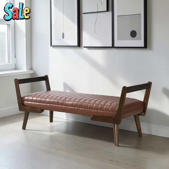 GZXS Mid Century Modern Upholstered Bench in Light Brown, 52" Tufted PU Leather Bench with Solid Wood Frame for Bedroom/Entryway/Foyer/Living Room