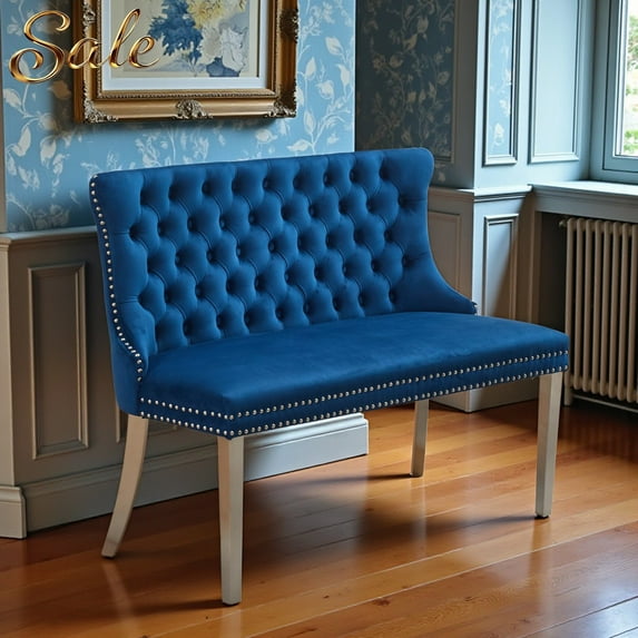 GZXS Mid-Century Modern Velvet Dining Bench Loveseat with Button-Tufted Back and Silver Stainless Steel Legs, 2-Seat Upholstered Bench for Kitchen and Dining Room, 45.6"L x 22.7"W x 35.2"H, Blue
