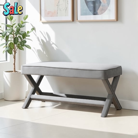 GZXS Mid-Century Modern Velvet Upholstered Bench with X-Frame, 42"W Padded Ottoman Seat for Bedroom/End of Bed/Window/Hallway, Light Gray