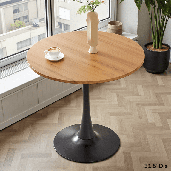 GZXS Mid-Century Style Round Tulip Table with Natural MDF Top & Black Metal Base, Compact Dining Table for Apartment, Kitchen or Breakfast Nook