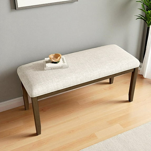 GZXS Mid-Century Upholstered Entryway Bench with Linen Fabric Padded Seat & Rubber Wood Legs, 38" Indoor Hallway Dining or Bedroom Bench (Beige+Brown)