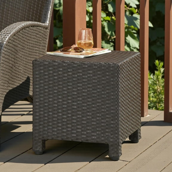GZXS Minimalist Cube End Table, PE Rattan Outdoor Accent Side Table with Iron Frame, for Patio or Garden Use, No Assembly Required (Dark Brown, 18-Inch)