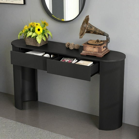 GZXS Minimalist Entryway Table with Fluted Column Legs and 2 Storage Drawers, 54" Oval Top Console Table for Hallway or Living Room (Navy)