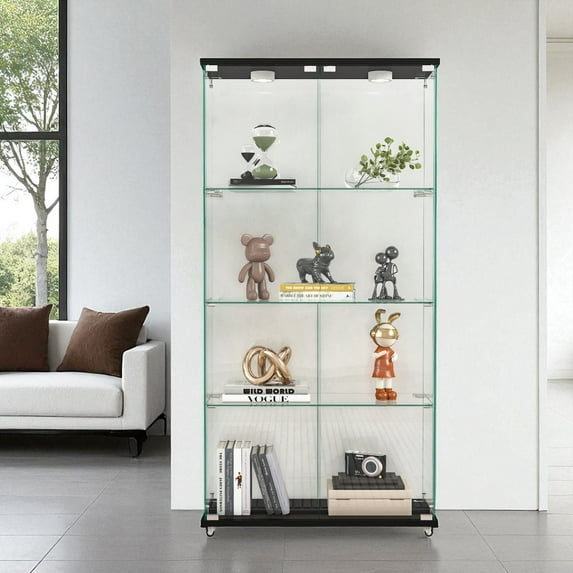 GZXS Modern 2-Door Glass Display Cabinet with LED Lights, 4-Tier Wide Tempered Glass Curio Cabinet with Lockable Wheels, Adjustable RGB Lighting, Easy Assembly for Living Room & Bedroom – Black