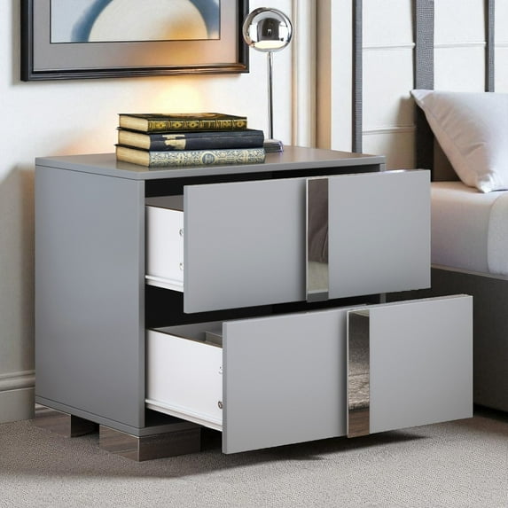 GZXS Modern 2-Drawer Nightstand in Gray, Storage Bedside Table with Center Mirrored Stripe, Metal Handles & Feet, for Bedroom, Living Room, Small Space