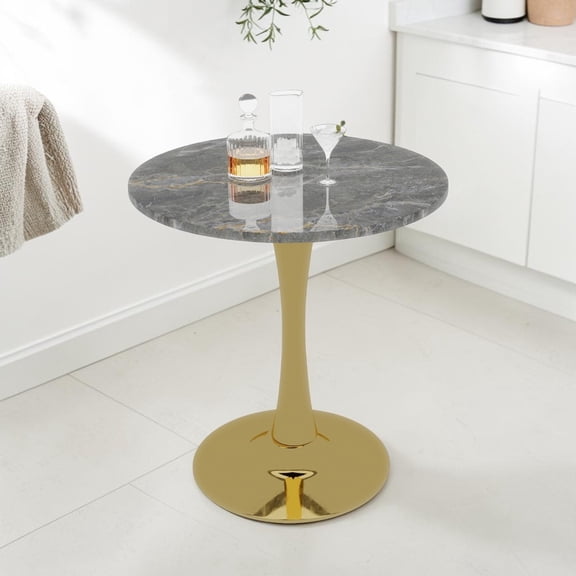 GZXS Modern 27.56" Round Dining Table, Dark Gray Marbling Sintered Stone Top with Gold Iron Pedestal Base, Accent Bistro Tulip Table for Small Spaces, Kitchen & Living Room, Easy to Assemble