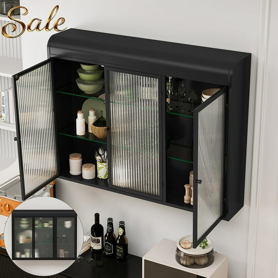 GZXS Modern 3-Door Wall-Mounted Storage Cabinet, Black Metal Frame Cabinet with Fluted Glass Doors and Clear Glass Interior Shelves, Wide Top Narrow Bottom Design, for Kitchen/Bathroom/Living Room