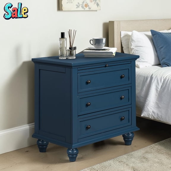 GZXS Modern 3-Drawer Nightstand with Pull-Out Tray, MDF Bedside Table with Rubber Wood Legs, Easy Assembly, 27.6"L x 16.5"W x 27.6"H (Blue)