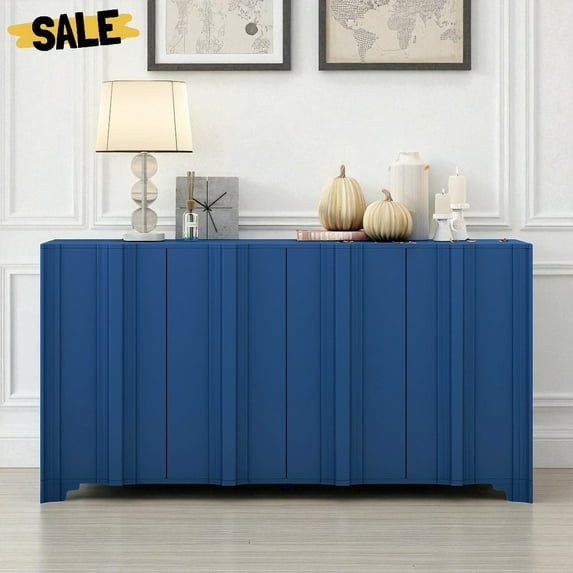 GZXS Modern 4-Door Sideboard Buffet Cabinet with Intricate Linear Accents & Multi-Layered Pine Veneer, Large Storage Console for Living Room, Home Office, 59.7-Inch, Navy Blue
