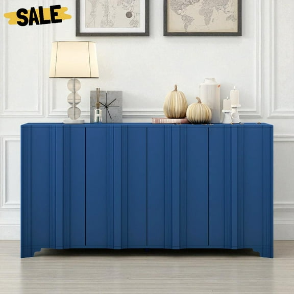 GZXS Modern 4-Door Sideboard Buffet Cabinet with Intricate Linear Accents & Multi-Layered Pine Veneer, Large Storage Console for Living Room, Home Office, 59.7-Inch, Navy Blue
