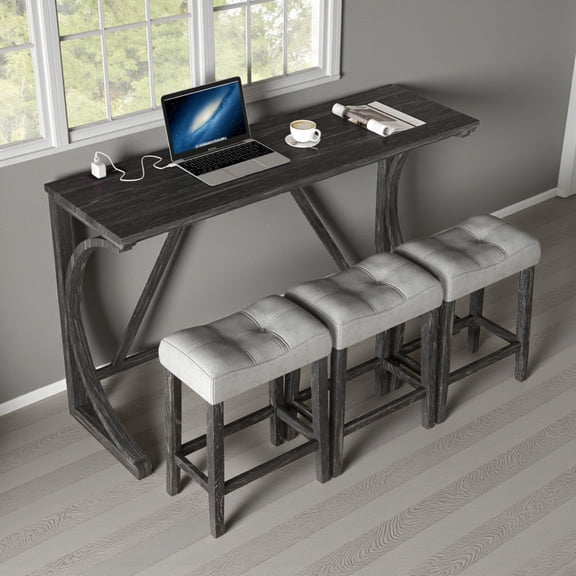 GZXS Modern 4-Piece Bar Set with Power Outlets, 58.4" Long Pub Table with 3 Cushioned Stools, Perfect for Living Room, Kitchen & Multi-Functional Spaces, Black