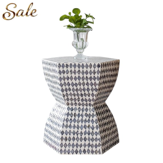 GZXS Modern Accent Side Table with Capiz Shell Inlay, Hexagon Garden Stool for Living Room, Bedroom, Patio, Balcony (Black+White)