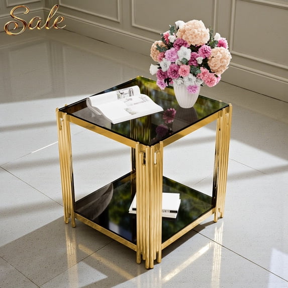 GZXS Modern Black Glass Side Table with Gold Metal Legs, Square 2-Tier End Table with Lower Shelf, Compact Accent Table, 19.9"L x 19.9"W x 21.9"H