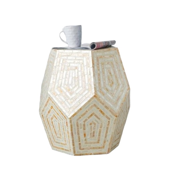 GZXS Modern Bohemian Accent Side Table, 18" Hexagonal Capiz Inlay Decorative Display Stool in Cream & Yellow, No Assembly