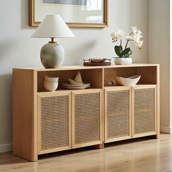 GZXS Modern Boho TV Stand Sideboard, 63" Wide Storage Cabinet with 4 Rattan Doors, Adjustable Shelves and Cable Holes, Media Console for Living Room/Entertainment Center, Natural