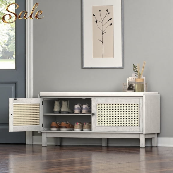 GZXS Modern Boho Wooden Storage Bench with Padded Seat Cushion, 43"W Entryway Shoe Bench with 2 Rattan Doors and Adjustable Shelf, Gray Wash