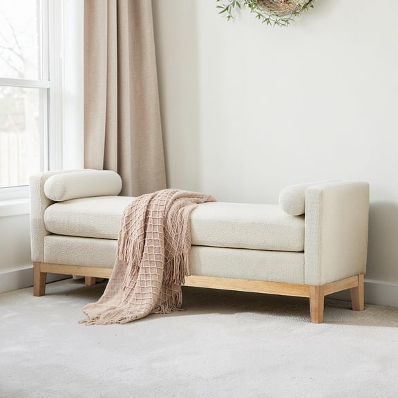 GZXS Modern Boucle Upholstered Bench with Round Bolster Pillows & Solid Wood Legs, Multi-Functional Seating for Entryway, Bedroom, or End of Bed/Window (Ivory+Natural)