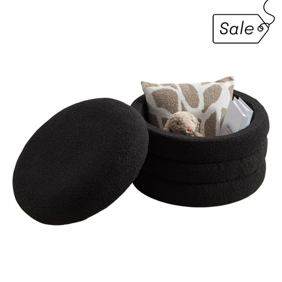 GZXS Modern Boucle Upholstered Storage Ottoman, 22.44" Round Footstool with Reversible Tray and Hidden Compartment, No Assembly Needed (Ivory)