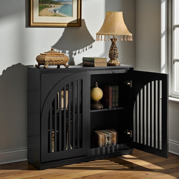 GZXS Modern Buffet Cabinet with Ventilated Slatted Doors, 39 Inch Wood Storage Sideboard with Solid Base and Cable Management Holes, Coffee Bar Cabinet for Dining Area, Black