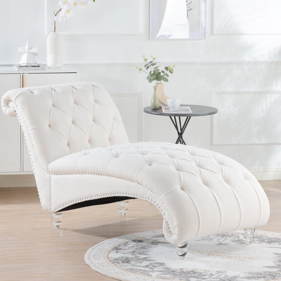 GZXS Modern Button-Tufted Chaise Lounge Chair Indoor with Solid Wood Legs, Upholstered Lounges Chair for Bedroom Living Room Office, Armless Leisure Sofa Recliner, White