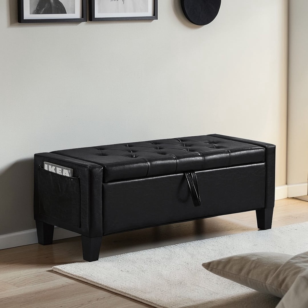 GZXS Modern Button-Tufted PU Upholstered Storage Bench with Side Pocket, 45" Flip-Top Ottoman with Hidden Storage and Solid Wood Frame, Black