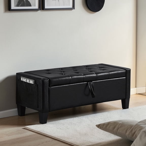 GZXS Modern Button-Tufted PU Upholstered Storage Bench with Side Pocket, 45" Flip-Top Ottoman with Hidden Storage and Solid Wood Frame, Black