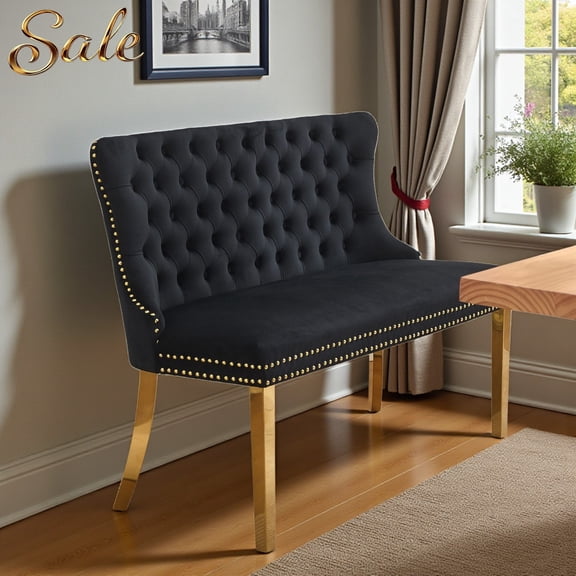 GZXS Modern Button Tufted Settee Bench in Black Velvet, Upholstered Banquette Dining Bench Loveseat w/ Back and Gold Stainless Steel Legs, Accent Living Room Furniture