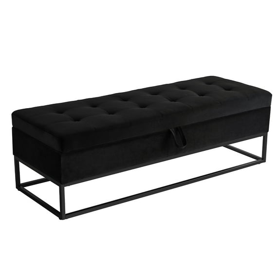 GZXS Modern Button Tufted Upholstered Storage Bench, Velvet Bedroom Ottoman, Entrway Shoe Bench with Metal Base, 58.6"L x 21.2"W x 18.5"H, Black
