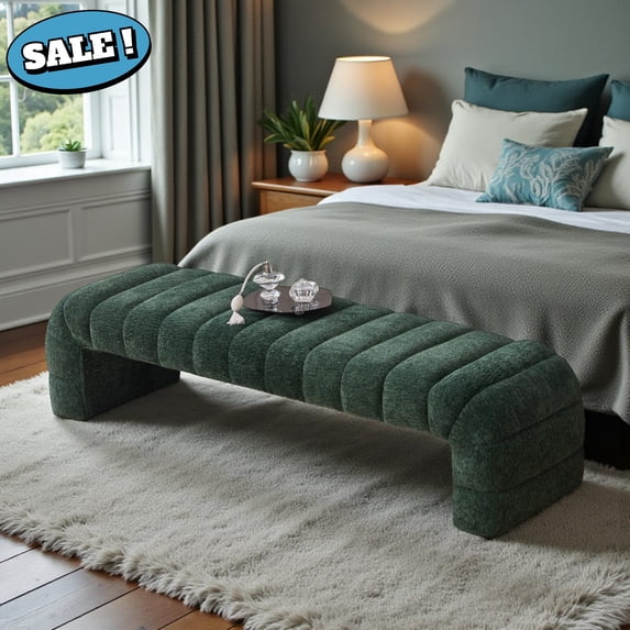 GZXS Modern Channel Tufted Upholstered Bench in Green Chenille Fabric, Large Seating Bench for Bedroom/End of Bed/Windows, 69.7"L x 20.5"W x 17.3"H