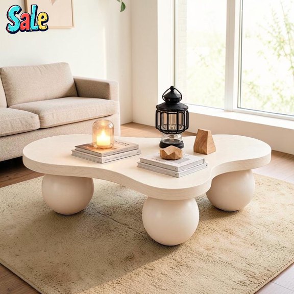GZXS Modern Cloud Shape Coffee Table, 45.8-Inch MDF Curved Living Room Decor Center Table with 3 ABS Spherical Supports, White
