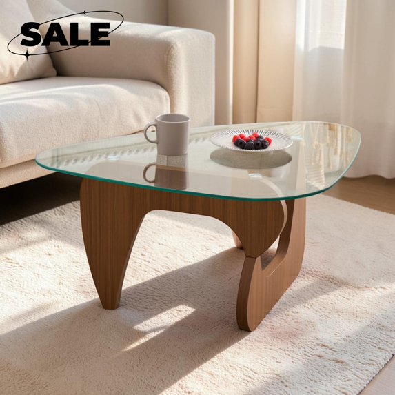 GZXS Modern Coffee Table, 43.3" Triangle Center Table with Glass Top for Living Room, Easy Assembly, Clear & Brown