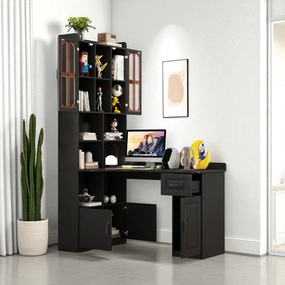 GZXS Modern Corner Computer Desk with Hutch, Bookshelves, 4 Cabinets and 1 Drawer, 2-in-1 L-Shaped Writing Table for Study or Office, Black