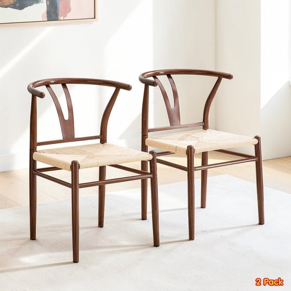 GZXS Modern Dining Chairs Set of 2, Iron Frame Armchairs with Wishbone Style Back and Woven Rope Seat, for Kitchen, Dining Room, Cafe (Brown)