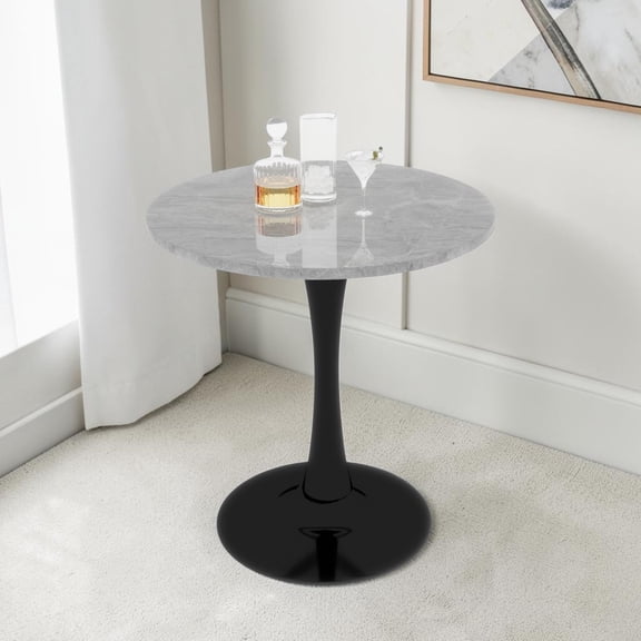 GZXS Modern Dining Table - 27.56" Round Tulip Kitchen Table with Iron Pedestal Base & Sintered Stone Top for 2-4 People - Easy to Assemble, Light Gray & Black