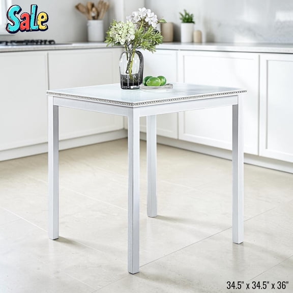 GZXS Modern Dining Table with Acrylic Crystal Crushed Diamond Edge Accent, 34.5-Inch Square MDF Table with Solid Wood Frame for Kitchen or Dining Room, White