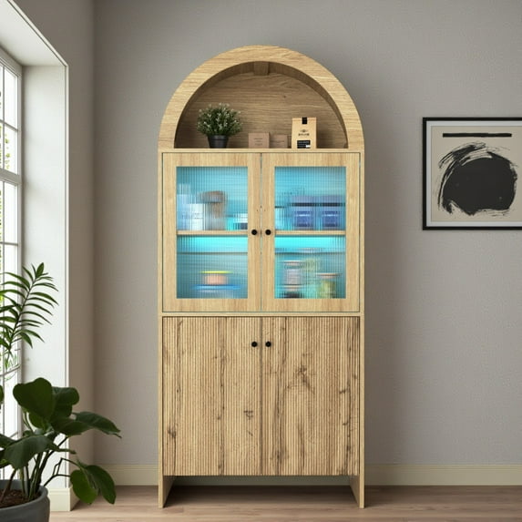 GZXS Modern Dome Cabinet with LED Lighting, Floor Standing Display Cabinet with Fluted Acrylic Doors, and Storage Racks for Home Decor, 30.7"L x 15.7"W x 69.3"H, Natural Wood