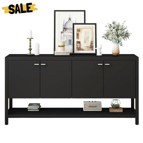 GZXS Modern Entryway Console Table with 4 Doors and Storage, 59.6" Sofa Table to Organize Hallway Clutter, MDF Foyer Cabinet with Bottom Display Shelf (Black)