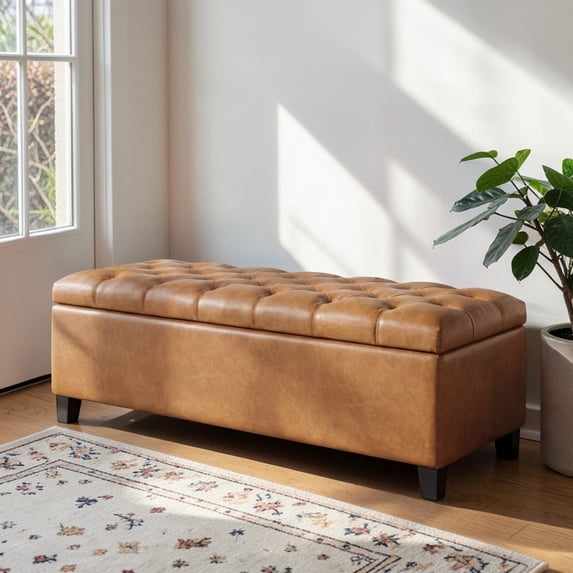 GZXS Modern Entryway Storage Bench with Safety Hinges, Brown PU Upholstered Ottoman Seating w/ Rubber Wood Legs - 51.18"L x 17.52"W x 18"H