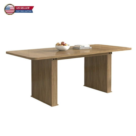 GZXS Modern Expandable Wooden Dining Table for 6–10 People, 63–79 Inch Rectangular Kitchen Table with Dual Pedestal Base, Beige Brown Finish