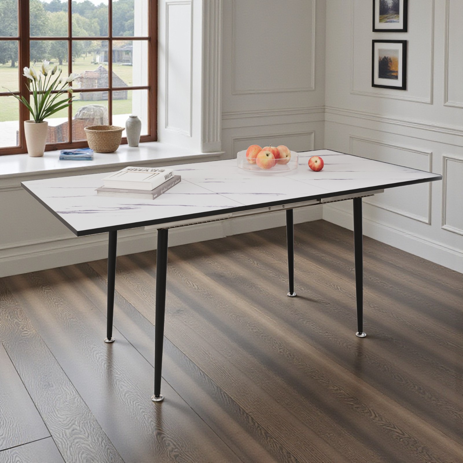 GZXS Modern Extendable Dining Table, 47 to 63 Inch White Marbling MDF ...