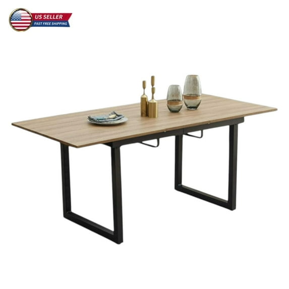 GZXS Modern Extendable Dining Table with Black Metal Legs, 55"-70" Adjustable Brown MDF Tabletop, Space-Saving Kitchen Table for 4-8 People