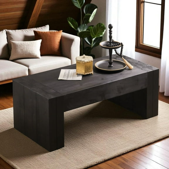 GZXS Modern Farmhouse Coffee Table in Black, 49-Inch Wooden Rectangular Center Table for Living Room, Home Office – Easy Assembly