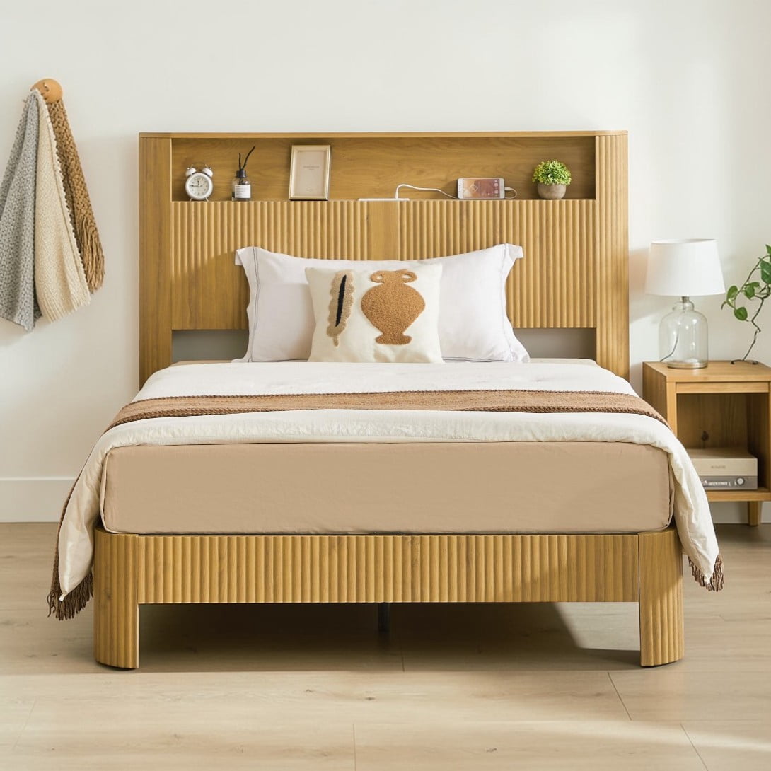GZXS Modern Farmhouse Platform Bed, Full XL Size Wooden Bed Frame with ...