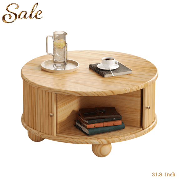 GZXS Modern Farmhouse Round Fluted Coffee Table, 31.8" Solid Pine Wood Storage Cocktail Table with Sliding Doors, Natural Finish Accent Table for Living Room, Home Office