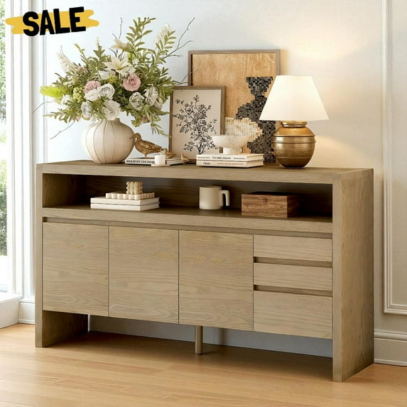 GZXS Modern Farmhouse Sideboard Buffet Cabinet with 3 Doors, 3 Drawers, and Semi-Open Shelf, Large Storage Console Table, 60"L x 15.7"W x 33.6"H, Natural