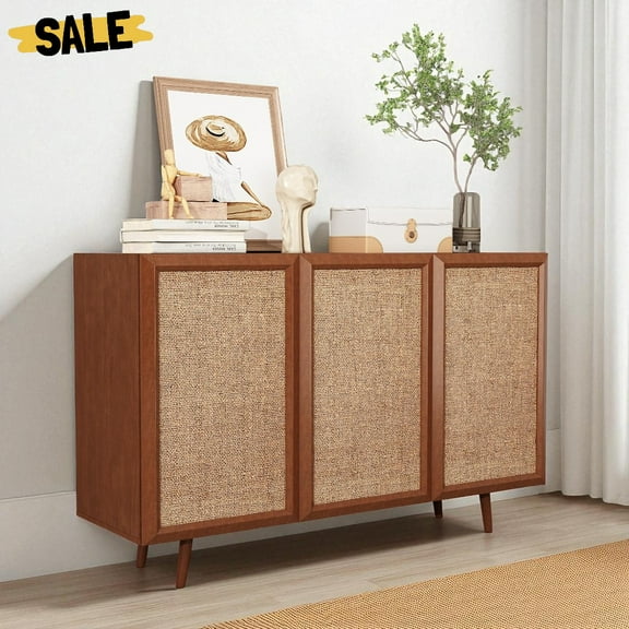 GZXS Modern Farmhouse Storage Cabinet with 3 Rattan Doors, Adjustable Shelves, 46.85" Wooden Buffet Cupboard Media Console Cabinet for Living Room, Dining Room, Entryway (Walnut)